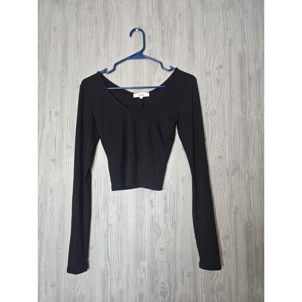 Joah Brown Long Sleeve Crop Top Women S/M Black Modal Scoop Neck Made USA